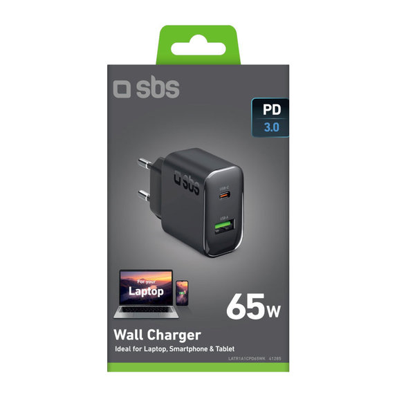 Adaptor de călătorie USB-A/USB-C, GaN, 65 W PD, negru, SBS