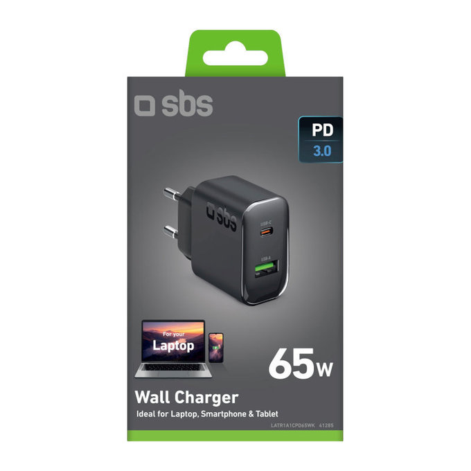 Adaptor de călătorie USB-A/USB-C, GaN, 65 W PD, negru, SBS