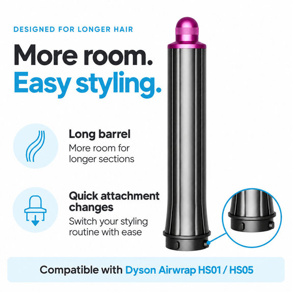 Accesoriu lung pentru bucle pentru Dyson Airwrap HS01, HS05, 30 mm, Nickel / Fuchsia