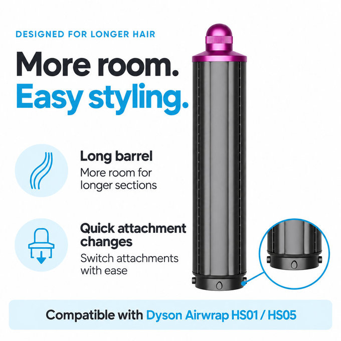 Accesoriu lung pentru bucle pentru Dyson Airwrap HS01, HS05, 40 mm, Nickel / Fuchsia
