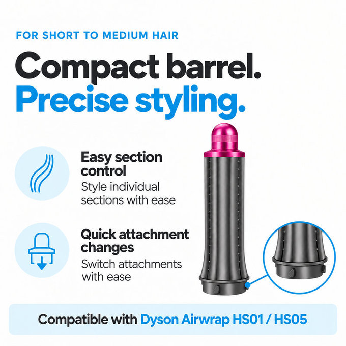 Accesoriu scurt pentru bucle pentru Dyson Airwrap HS01, HS05, 30 mm, Nickel / Fuchsia