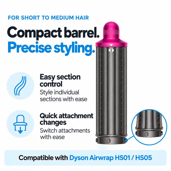 Accesoriu scurt pentru bucle pentru Dyson Airwrap HS01, HS05, 40 mm, Nickel / Fuchsia