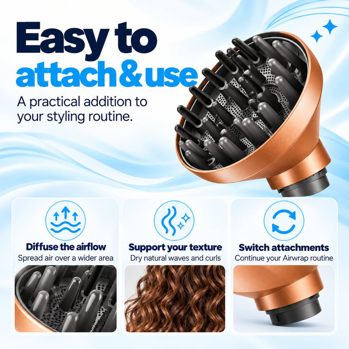 Difuzor Wave + Curl pentru Dyson Airwrap HS01, HS05, HS08, Copper
