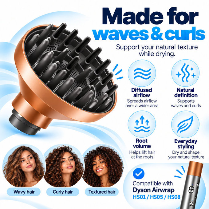 Difuzor Wave + Curl pentru Dyson Airwrap HS01, HS05, HS08, Copper