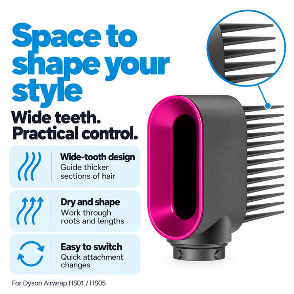 Pieptene cu dinți rari pentru Dyson Airwrap HS01, HS05, Iron / Fuchsia