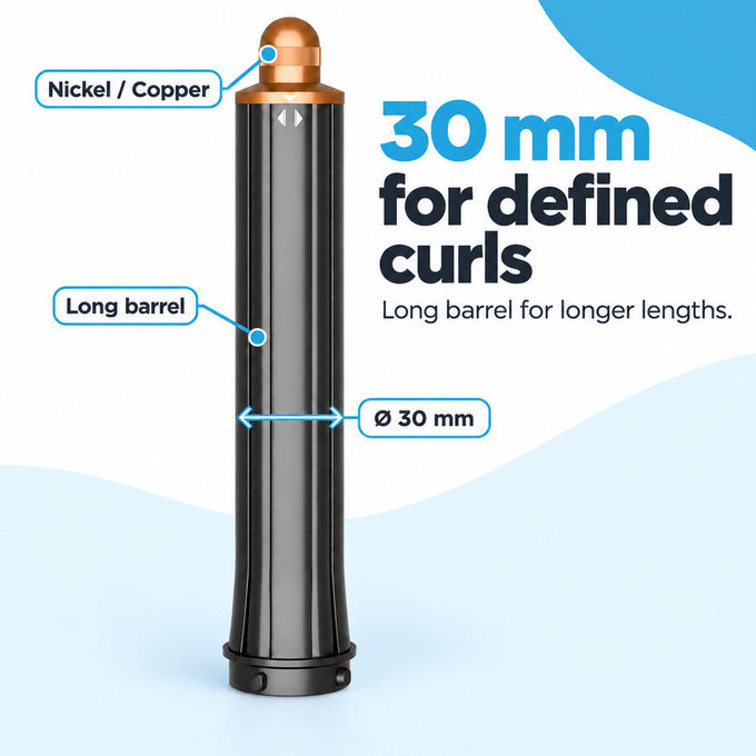 Accesoriu lung pentru bucle pentru Dyson Airwrap HS01, HS05, 30 mm, Nickel / Copper