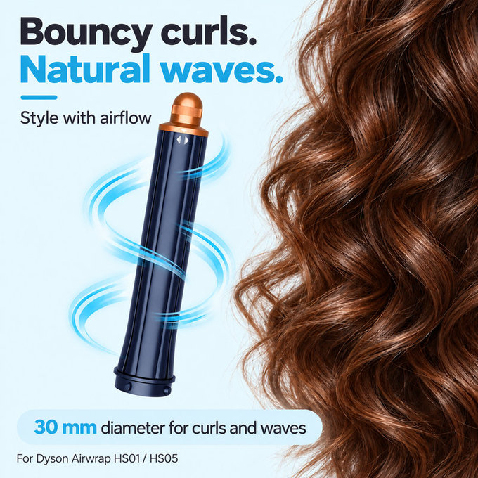 Accesoriu lung pentru bucle pentru Dyson Airwrap HS01, HS05, 30 mm, Prussian Blue / Rich Copper