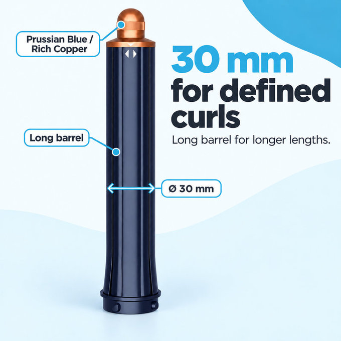 Accesoriu lung pentru bucle pentru Dyson Airwrap HS01, HS05, 30 mm, Prussian Blue / Rich Copper