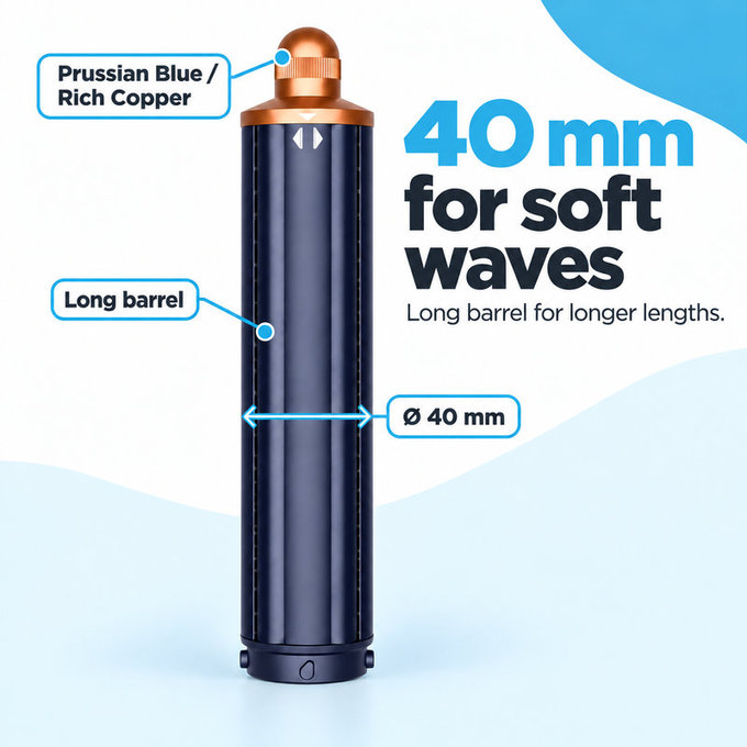 Accesoriu lung pentru bucle pentru Dyson Airwrap HS01, HS05, 40 mm, Prussian Blue / Rich Copper
