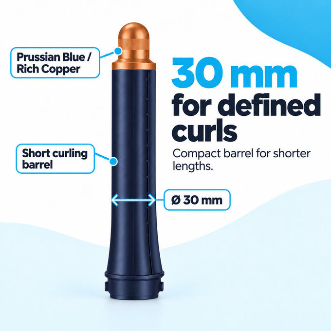 Accesoriu scurt pentru bucle pentru Dyson Airwrap HS01, HS05, 30 mm, Prussian Blue / Rich Copper