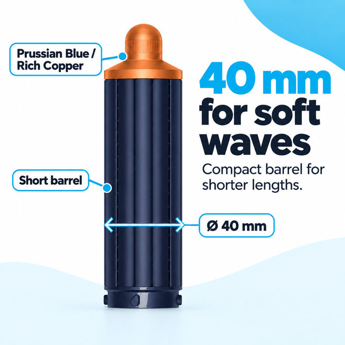 Accesoriu scurt pentru bucle pentru Dyson Airwrap HS01, HS05, 40 mm, Prussian Blue / Rich Copper