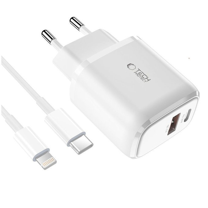 Încărcător de rețea C20W 2-PORT PD 20W / QC3.0 + Lightning Cable, albă, Tech-Protect