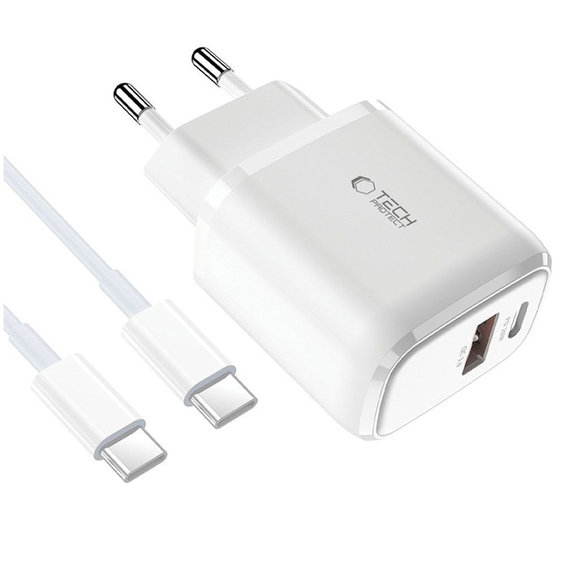 Încărcător de rețea C20W 2-PORT PD 20W / QC3.0 + USB-C Cable, albă, Tech-Protect