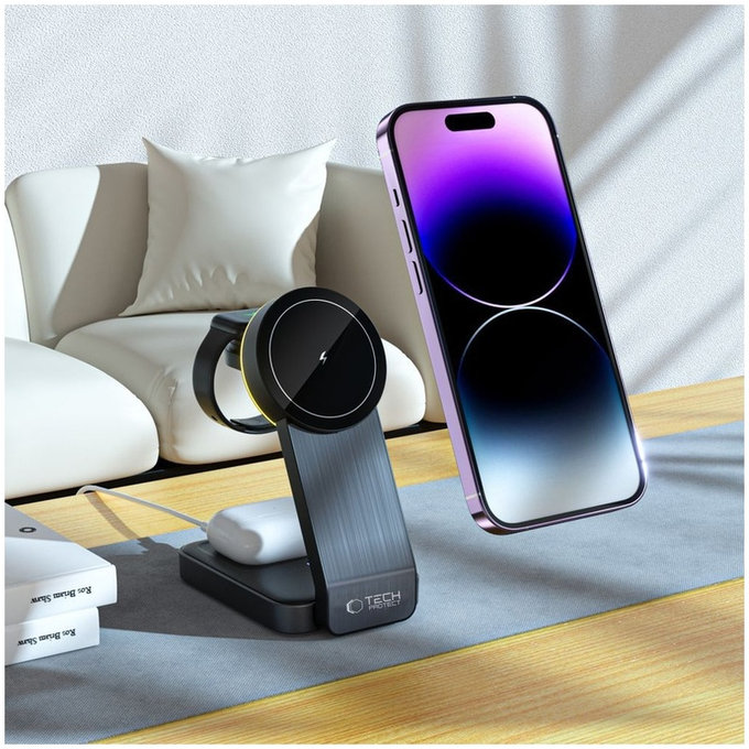 Încărcător wireless QI15W-A28 3IN1 Magnetic MagSafe, neagră, Tech-Protect