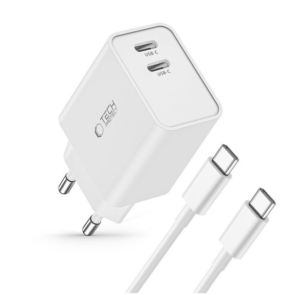 Încărcător de rețea C35W 2-PORT PD 35W + USB-C Cable, albă, Tech-Protect