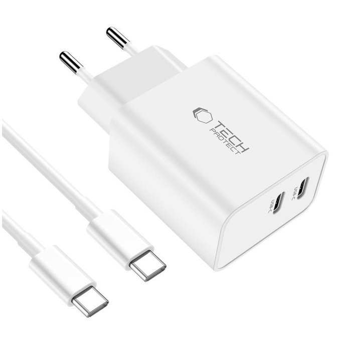 Încărcător de rețea C35W 2-PORT PD 35W + USB-C Cable, albă, Tech-Protect