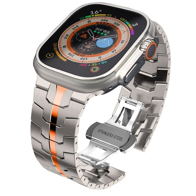 Curea Stainless Line pentru Apple Watch 8 / 9 / 10 / 11 / SE / Ultra (44 / 45 / 46 / 49 mm), Titanium/Orange, Tech-Protect