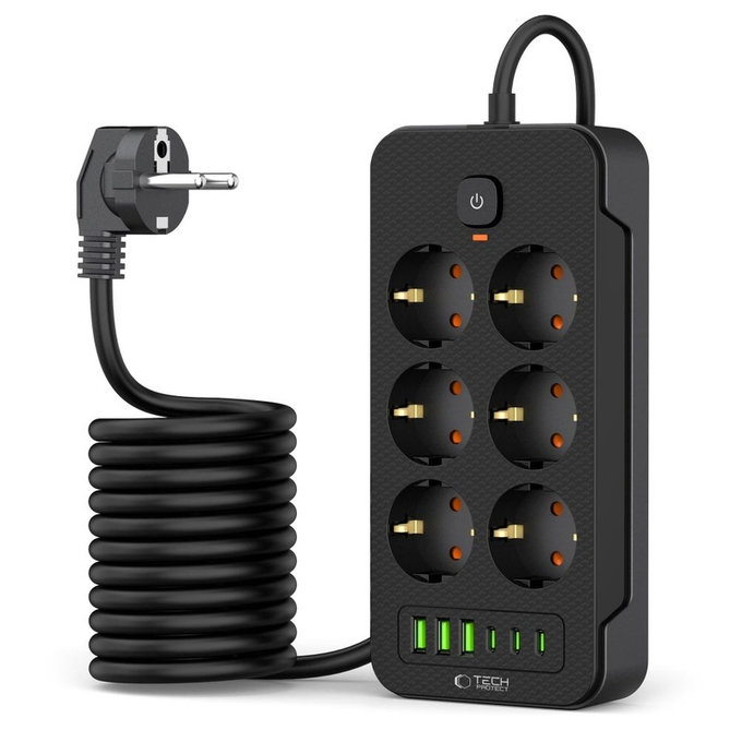 Încărcător de rețea PC6X6 Power Strip 3 USB & 3 USB-C & 6 Socket 200cm, neagră, Tech-Protect