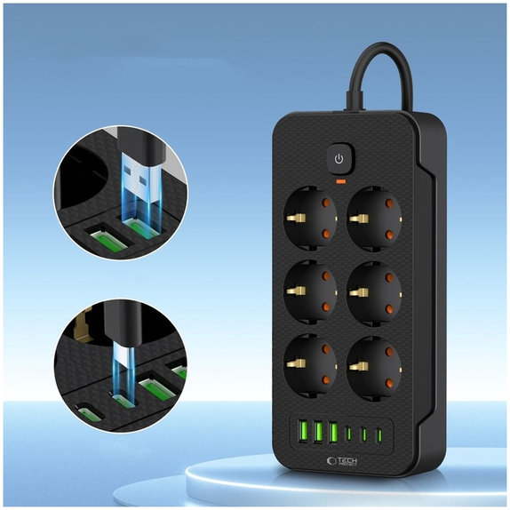Încărcător de rețea PC6X6 Power Strip 3 USB & 3 USB-C & 6 Socket 200cm, neagră, Tech-Protect