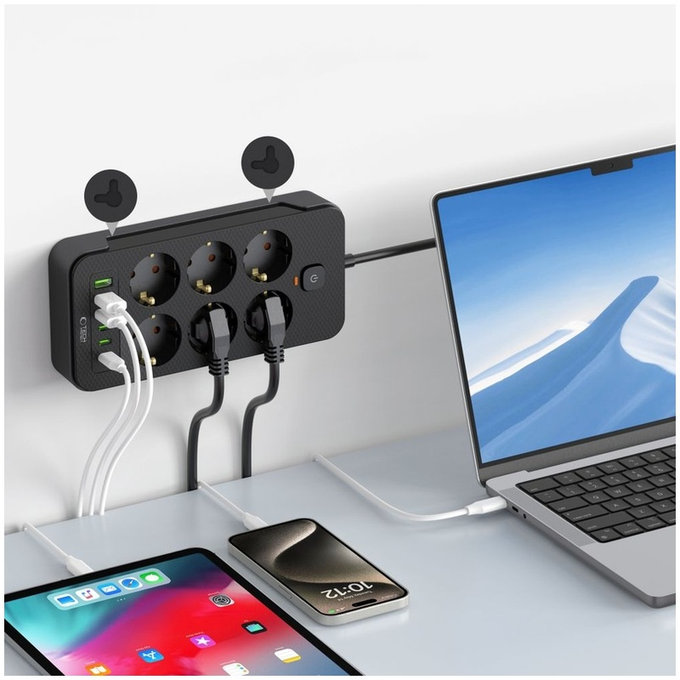 Încărcător de rețea PC6X6 Power Strip 3 USB & 3 USB-C & 6 Socket 200cm, neagră, Tech-Protect