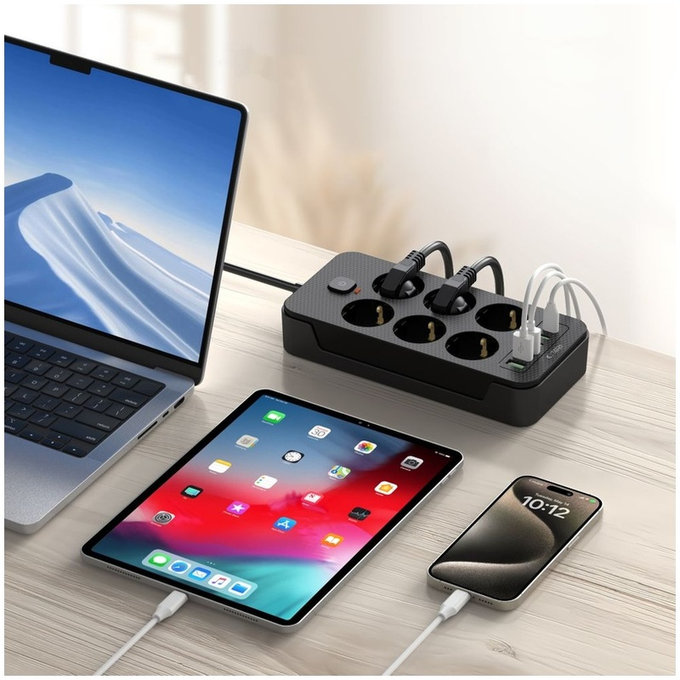Încărcător de rețea PC6X6 Power Strip 3 USB & 3 USB-C & 6 Socket 200cm, neagră, Tech-Protect