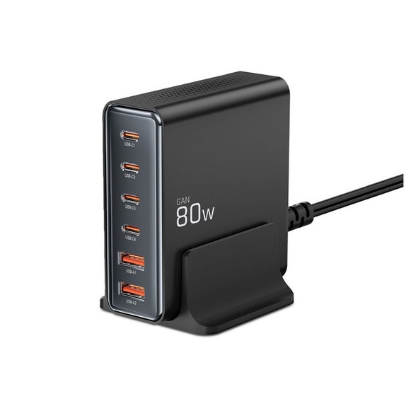 Încărcător de rețea DC80W-GAN 6-PORT PD 80W / QC3.0, neagră, Tech-Protect