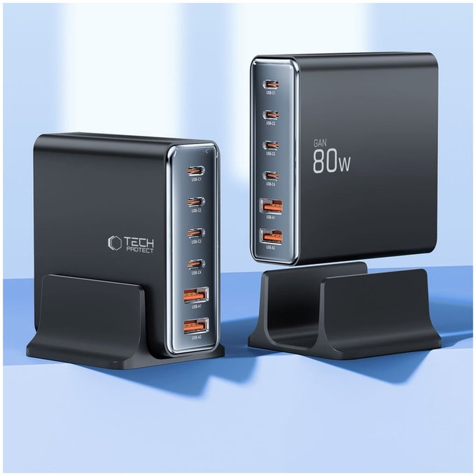 Încărcător de rețea DC80W-GAN 6-PORT PD 80W / QC3.0, neagră, Tech-Protect