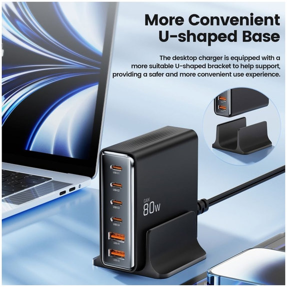 Încărcător de rețea DC80W-GAN 6-PORT PD 80W / QC3.0, neagră, Tech-Protect