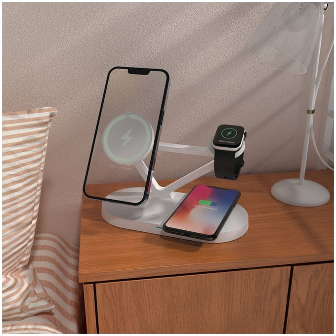 Încărcător wireless QI15W-A41 3IN1 Magnetic MagSafe, albă, Tech-Protect