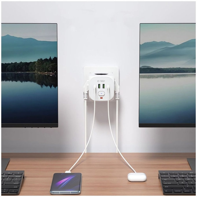 Încărcător de rețea PCL3X4 Power Socket 2 USB & 2 USB-C & 3 Socket, albă, Tech-Protect