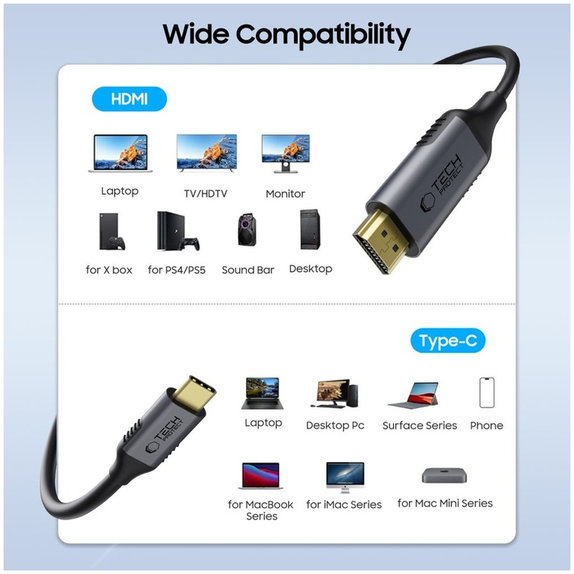 Cablu Ultraboost Cable USB-C / HDMI 2.0 4K 60Hz 180cm, neagră, Tech-Protect