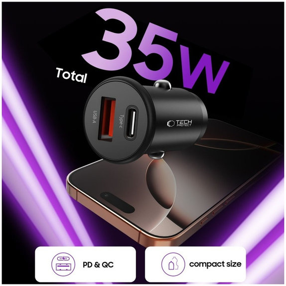 Încărcător auto CC02 2-PORT PD 35W / QC3.0, neagră, Tech-Protect