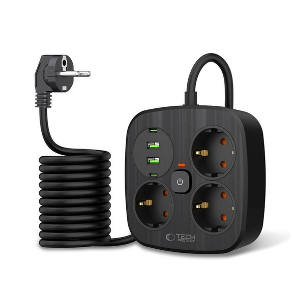 Încărcător de rețea PCS3X4 Power Strip 2 USB & 2 USB-C & 3 Socket 200cm, neagră, Tech-Protect