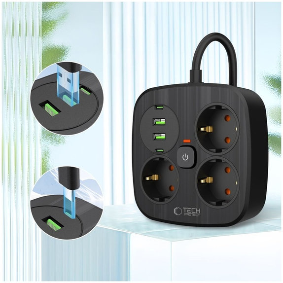 Încărcător de rețea PCS3X4 Power Strip 2 USB & 2 USB-C & 3 Socket 200cm, neagră, Tech-Protect
