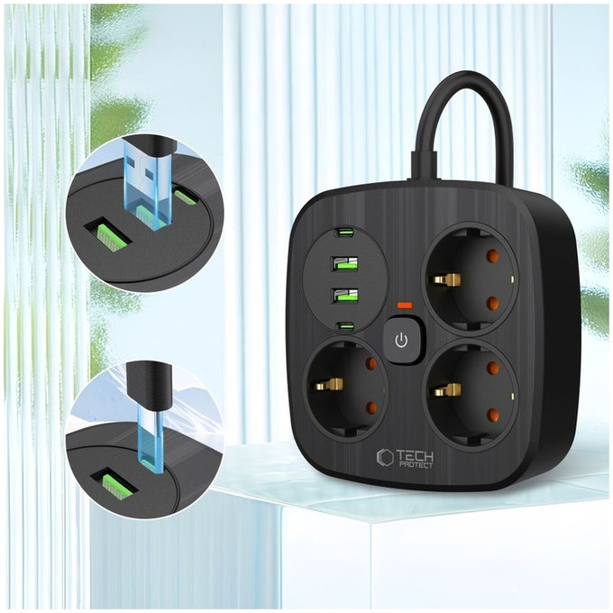 Încărcător de rețea PCS3X4 Power Strip 2 USB & 2 USB-C & 3 Socket 200cm, neagră, Tech-Protect