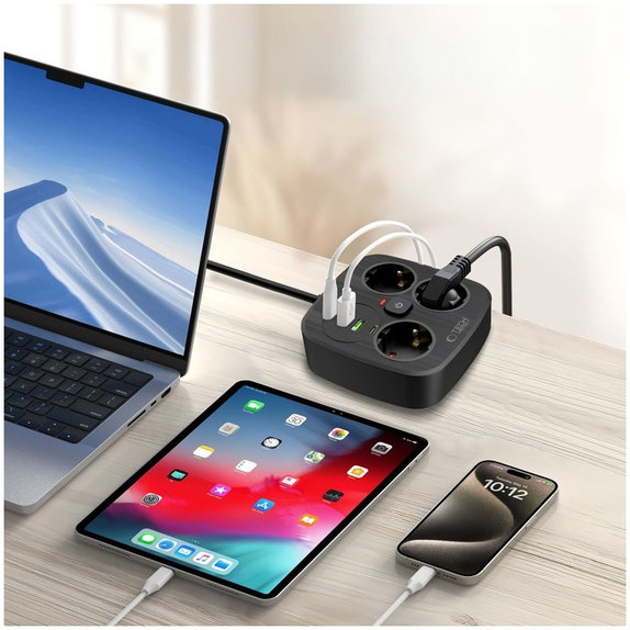 Încărcător de rețea PCS3X4 Power Strip 2 USB & 2 USB-C & 3 Socket 200cm, neagră, Tech-Protect