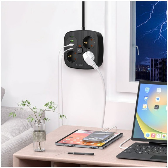 Încărcător de rețea PCS3X4 Power Strip 2 USB & 2 USB-C & 3 Socket 200cm, neagră, Tech-Protect