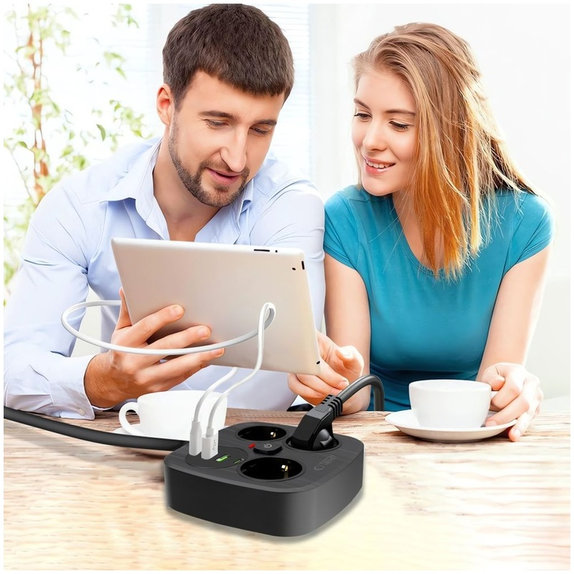 Încărcător de rețea PCS3X4 Power Strip 2 USB & 2 USB-C & 3 Socket 200cm, neagră, Tech-Protect