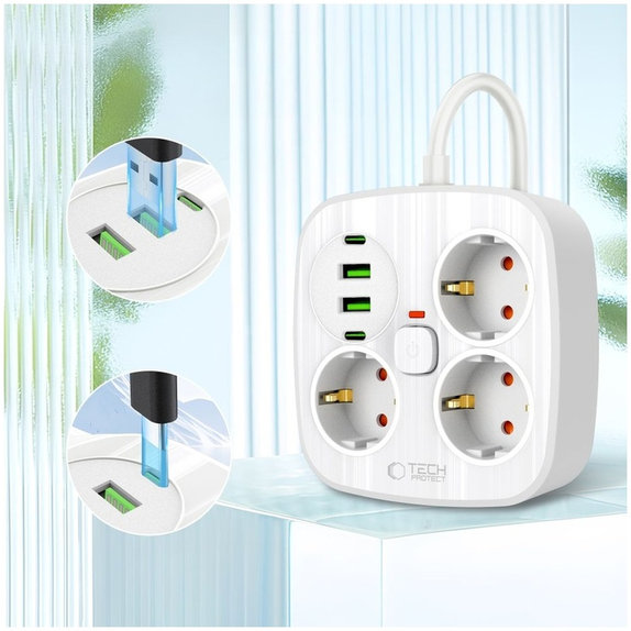 Încărcător de rețea PCS3X4 Power Strip 2 USB & 2 USB-C & 3 Socket 200cm, albă, Tech-Protect
