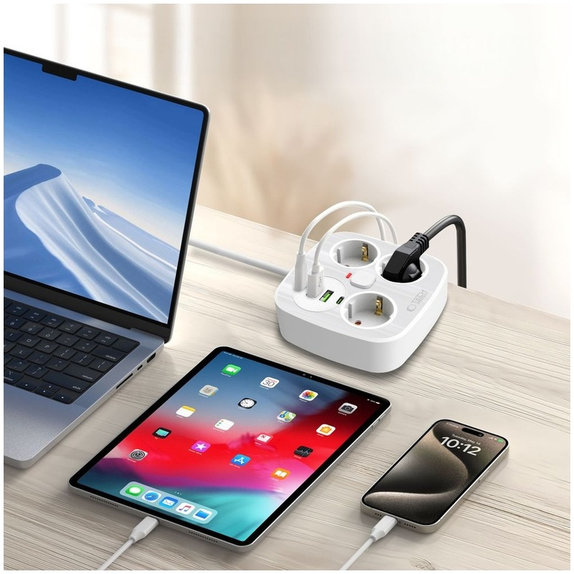Încărcător de rețea PCS3X4 Power Strip 2 USB & 2 USB-C & 3 Socket 200cm, albă, Tech-Protect