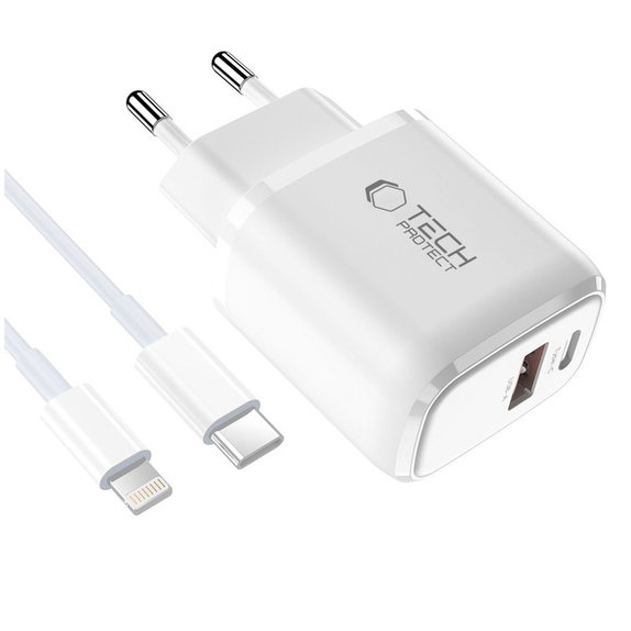 Încărcător de rețea NCA20 2-PORT PD 20W / QC3.0 + Lightning Cable, albă, Tech-Protect