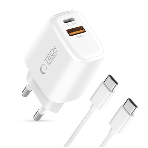 Încărcător de rețea NCA20 2-PORT PD 20W / QC3.0 + USB-C Cable, albă, Tech-Protect