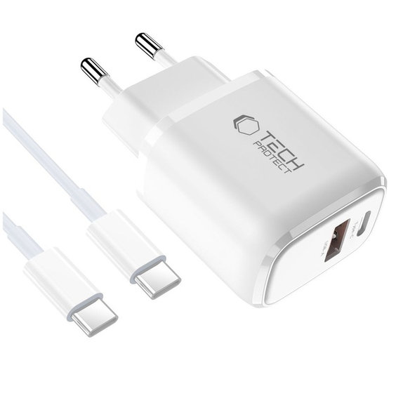 Încărcător de rețea NCA20 2-PORT PD 20W / QC3.0 + USB-C Cable, albă, Tech-Protect