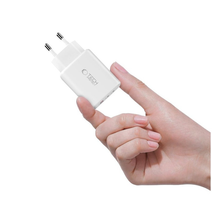 Încărcător de rețea NCA65W-GAN 3-PORT PD 65W / QC3.0, albă, Tech-Protect