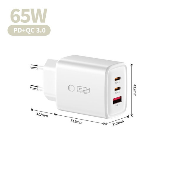Încărcător de rețea NCA65W-GAN 3-PORT PD 65W / QC3.0, albă, Tech-Protect
