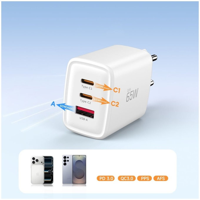 Încărcător de rețea NCA65W-GAN 3-PORT PD 65W / QC3.0, albă, Tech-Protect