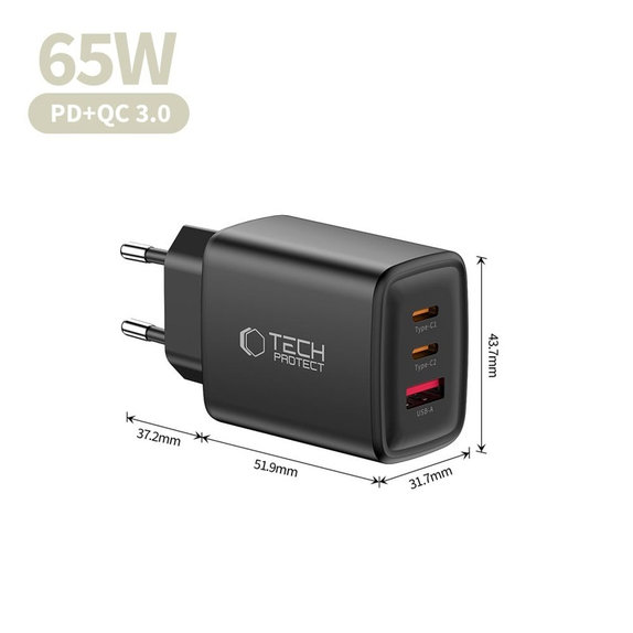 Încărcător de rețea NCA65W-GAN 3-PORT PD 65W / QC3.0, neagră, Tech-Protect