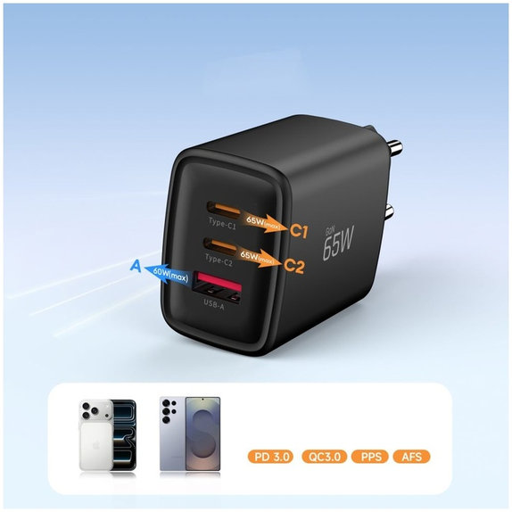 Încărcător de rețea NCA65W-GAN 3-PORT PD 65W / QC3.0, neagră, Tech-Protect