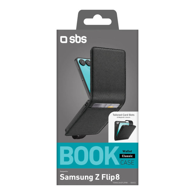 Husă Wallet Stand pentru Samsung Galaxy Z Flip8, Neagră, SBS