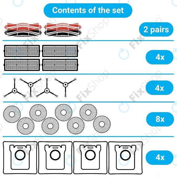 Set de piese de schimb pentru Dreame X50 Ultra, L50 Ultra, L40s Ultra, L40s Pro Ultra, X50 Master, Mova V50 (2 perechi de perii principale, 4x Filter, 4x Perie laterală, 8x Mop, 4x Sac de praf)